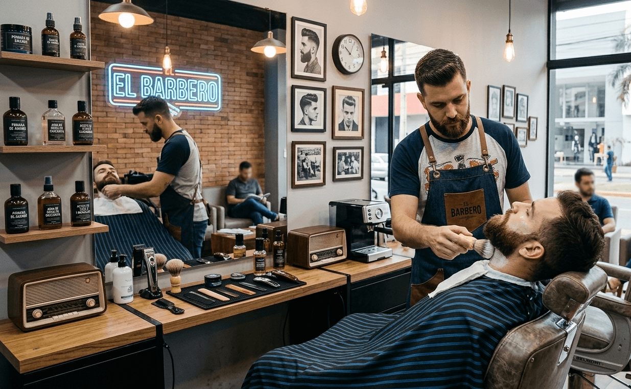 Barbero profesional atendiendo a un cliente en una barbería moderna.