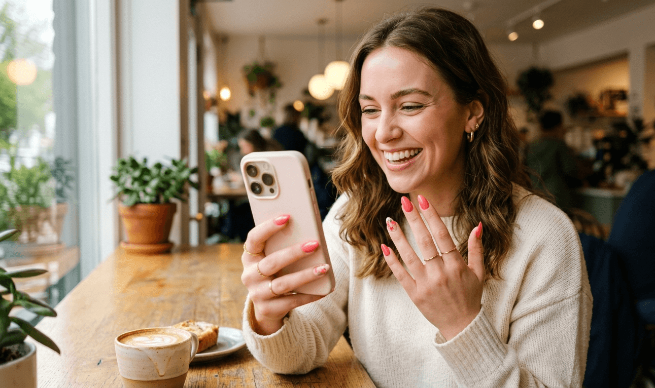 Cliente feliz mostrando su manicura en un ambiente acogedor.